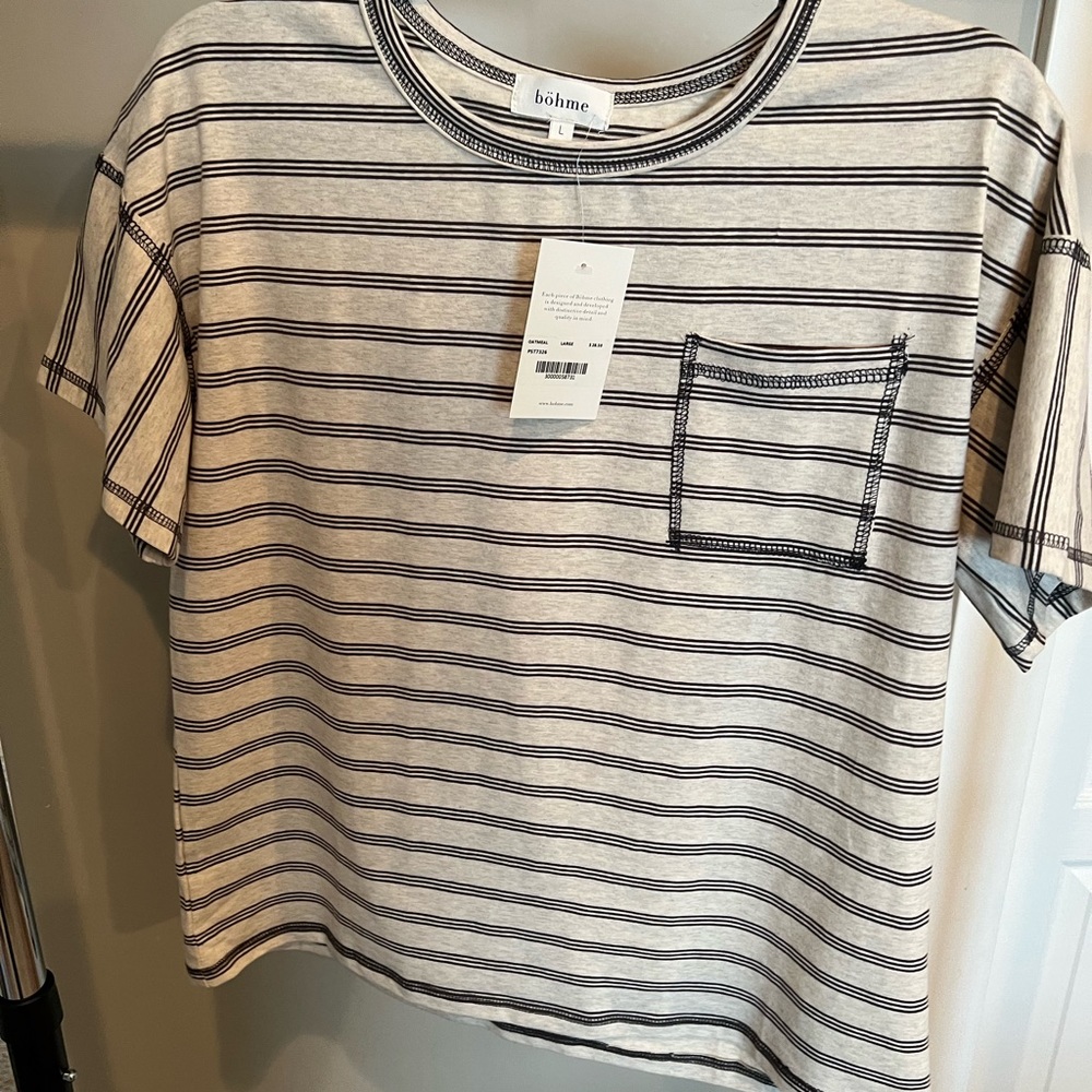 Bohme oatmeal with gray striped shirt